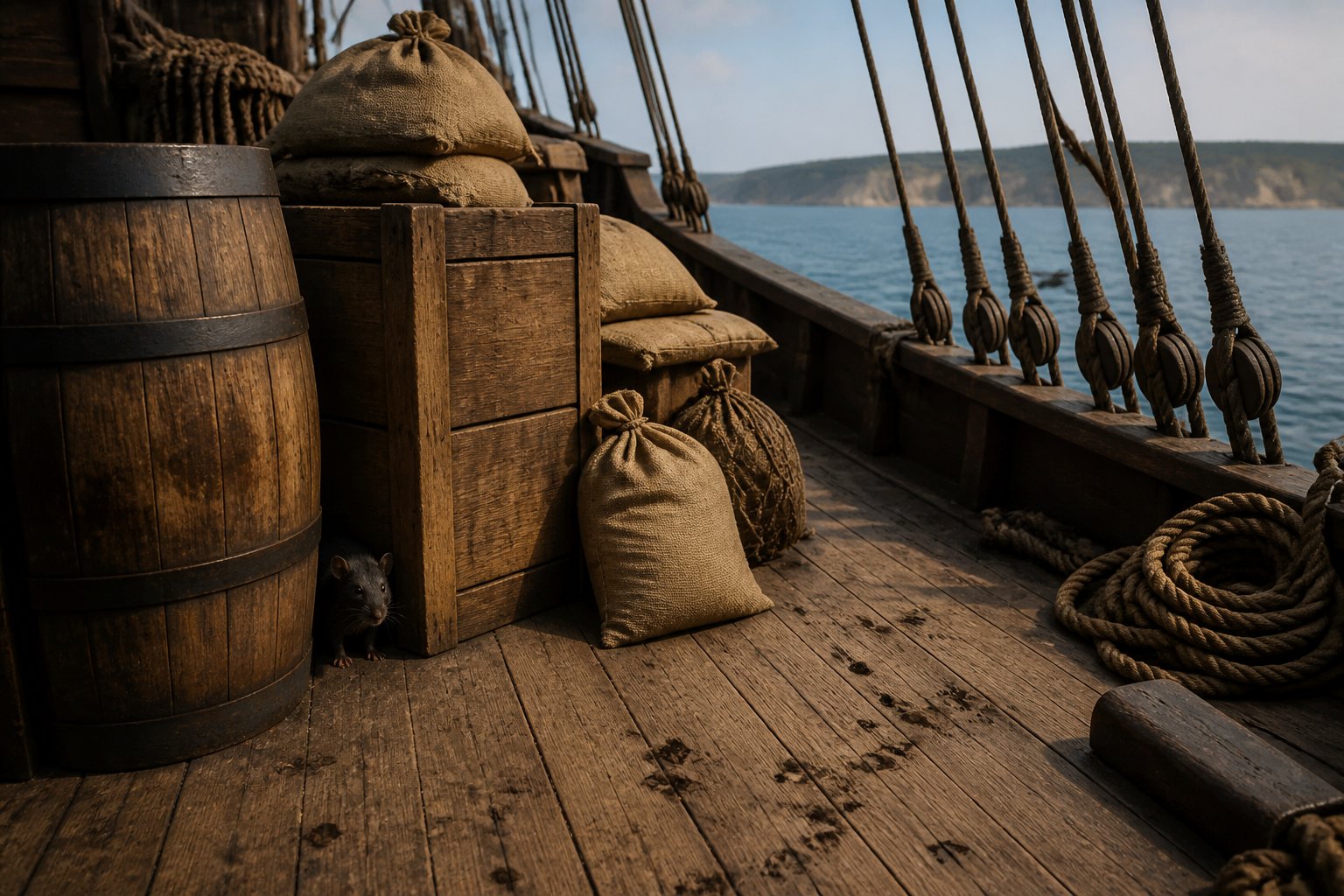 A ship's wooden deck from the colonial era with a rat near barrels and crates, with the ocean and coastline in the background.