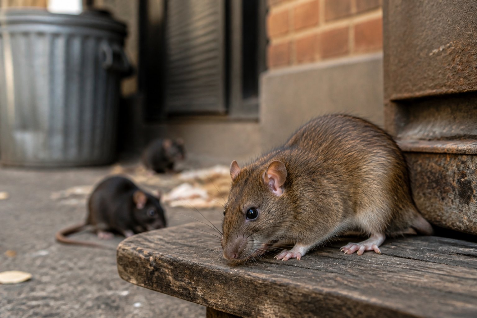 A brown rat in an urban environment with a black rat blurred in the background near trash bins and brick walls.