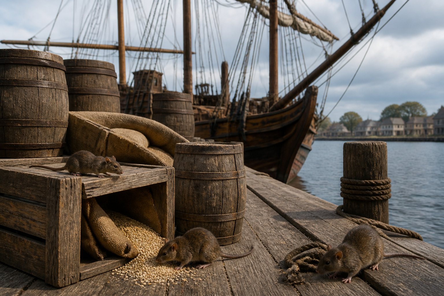 An old wooden ship docked at a colonial harbor with crates and a few rats near the supplies, under a cloudy sky.