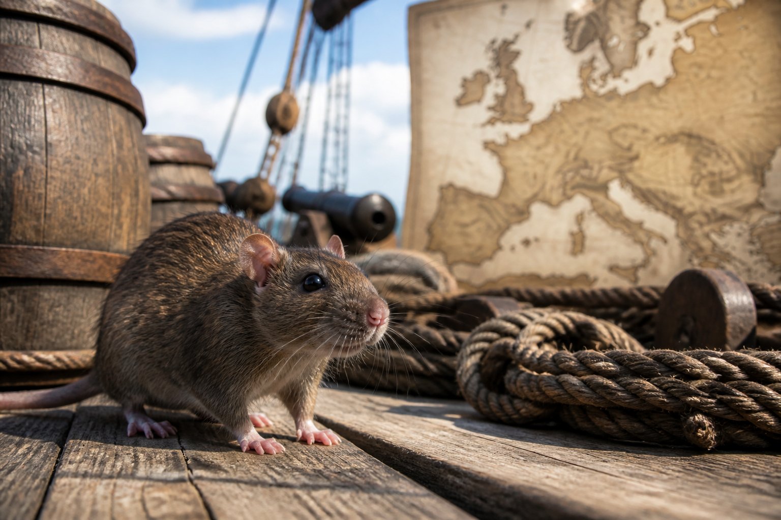 A brown rat on the deck of an old wooden ship with a blurred medieval map of Europe in the background.
