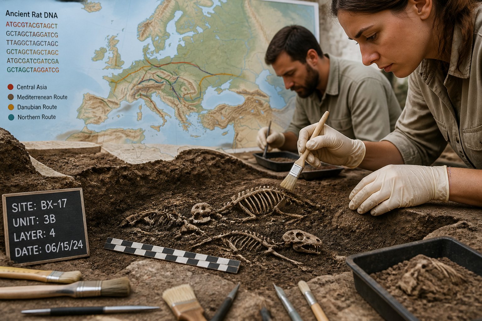 Archaeologists excavating rat bones at a dig site with tools and a map of Europe showing migration routes in the background.