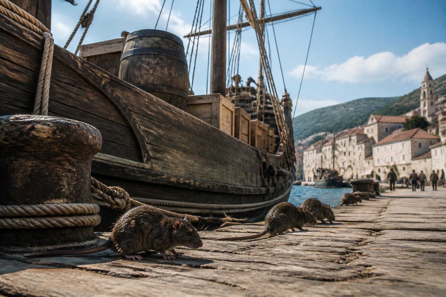 Rats exploring the wooden deck of an old ship docked at a European port with stone buildings in the background.