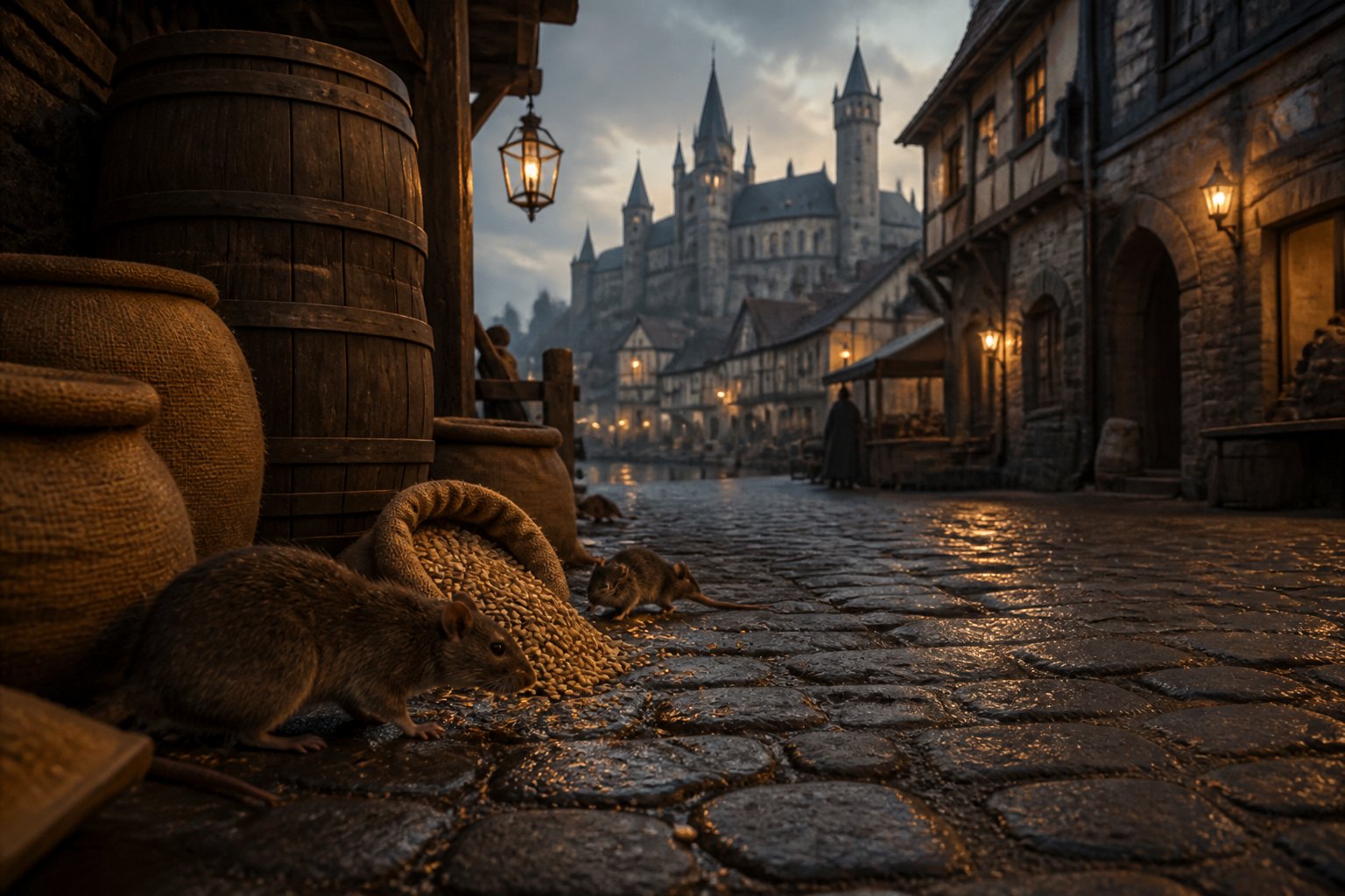 Brown rats exploring a cobblestone street in an old European city at dusk with historic buildings and barrels nearby.