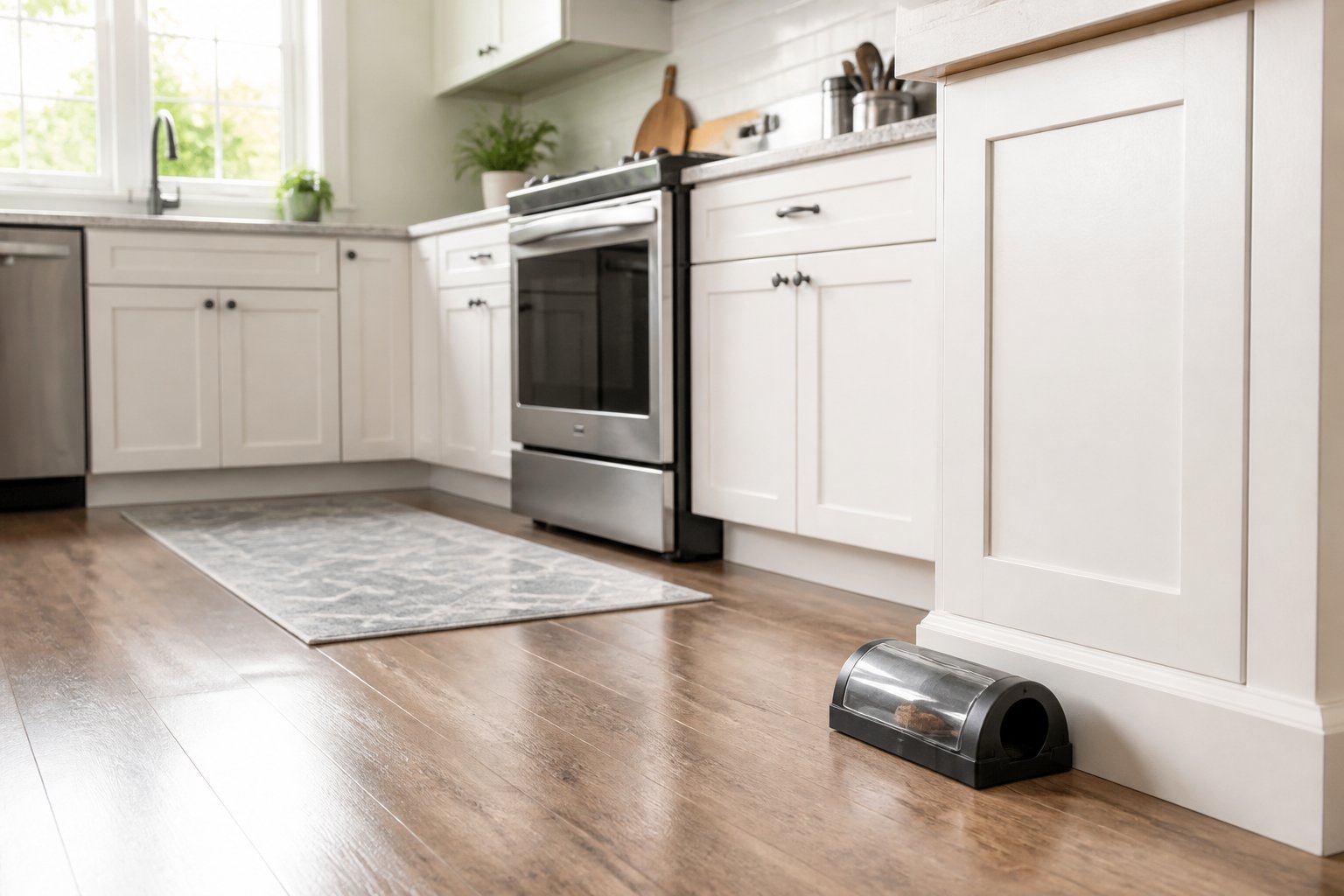 A modern kitchen with a humane rat trap placed near the baseboard, showing a clean and tidy environment.