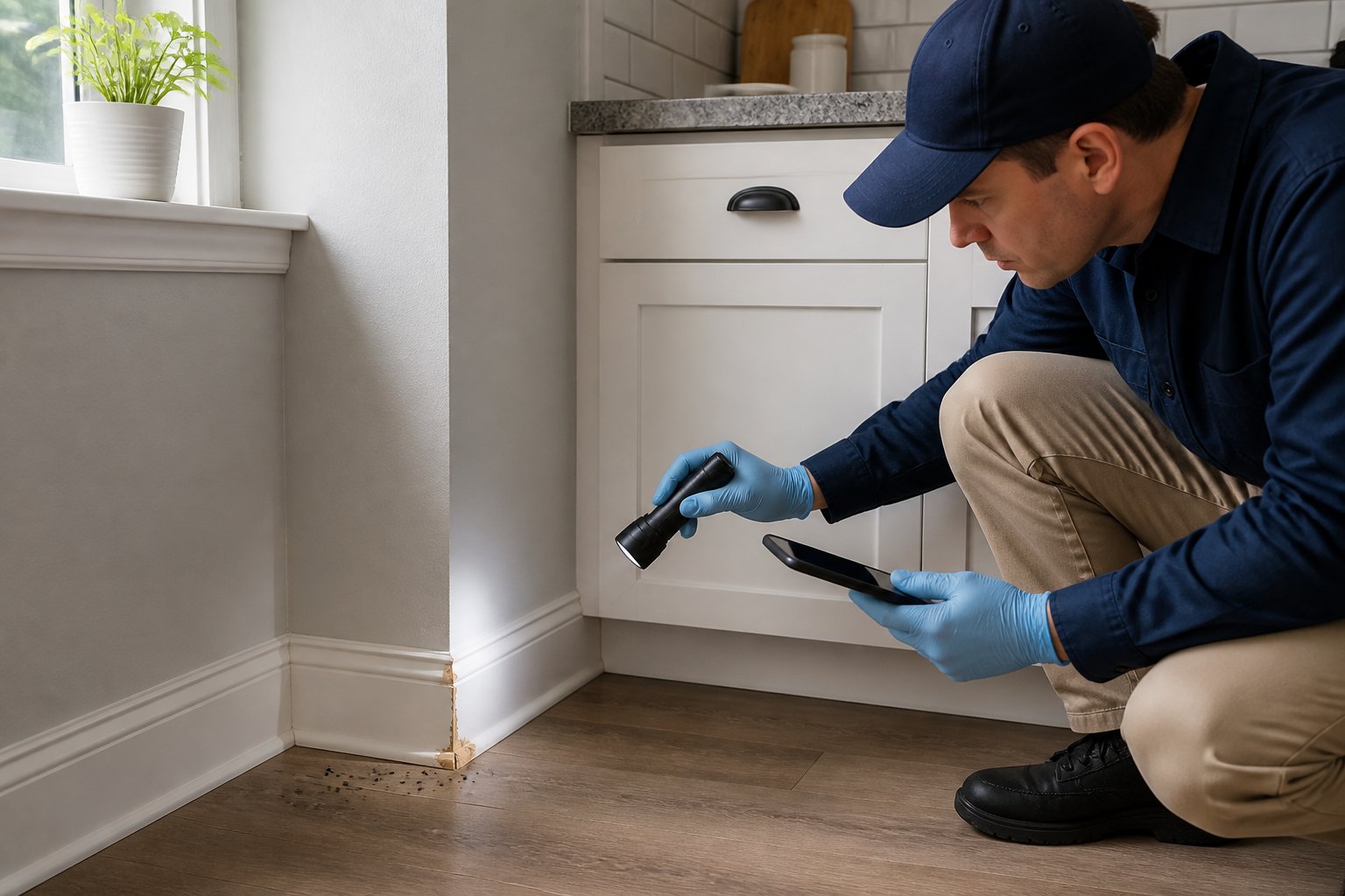 Person inspecting a clean home corner with a flashlight and gloves, looking for signs of rat activity.