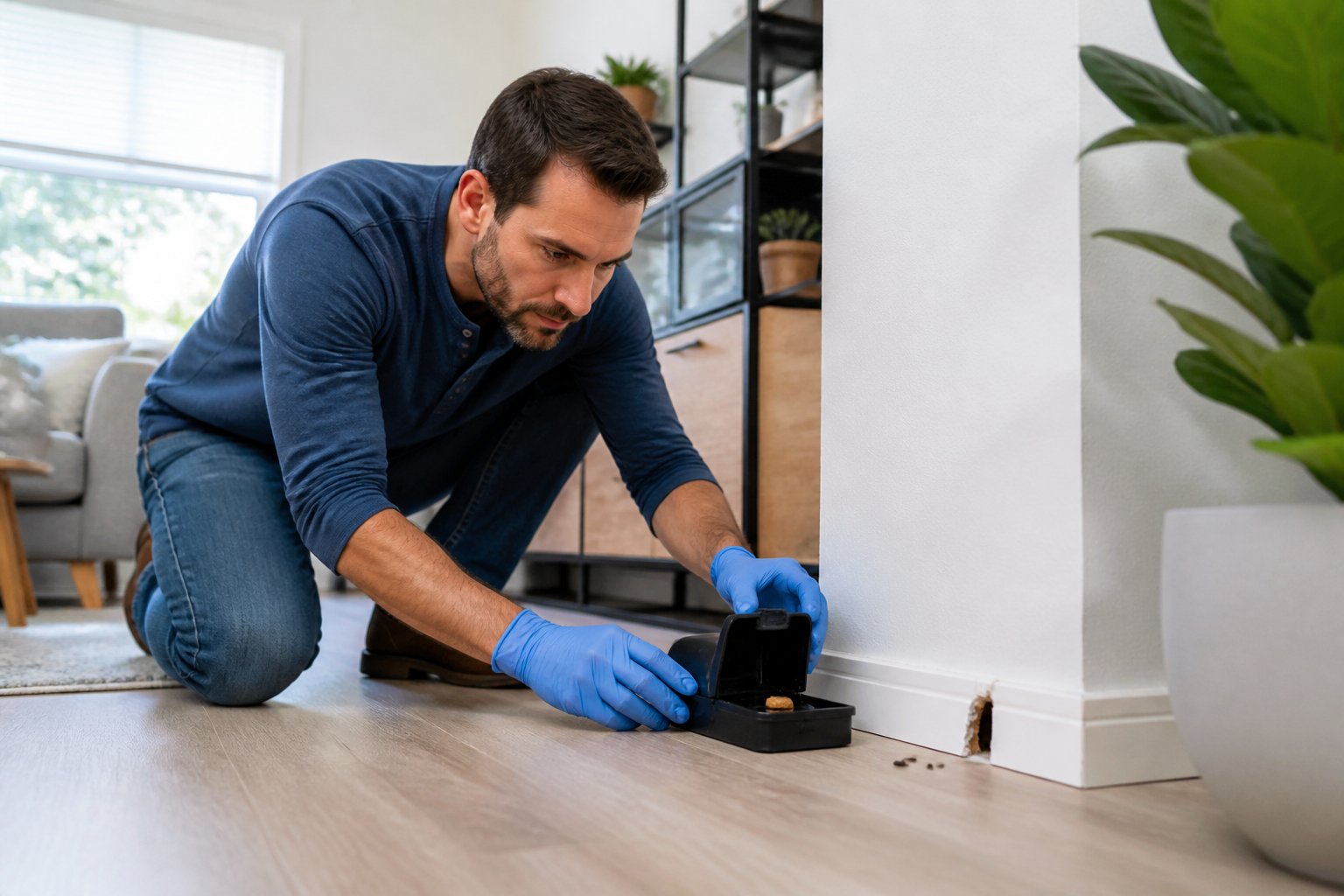 A person wearing gloves setting up a rat trap inside a clean home near a small hole in the wall.
