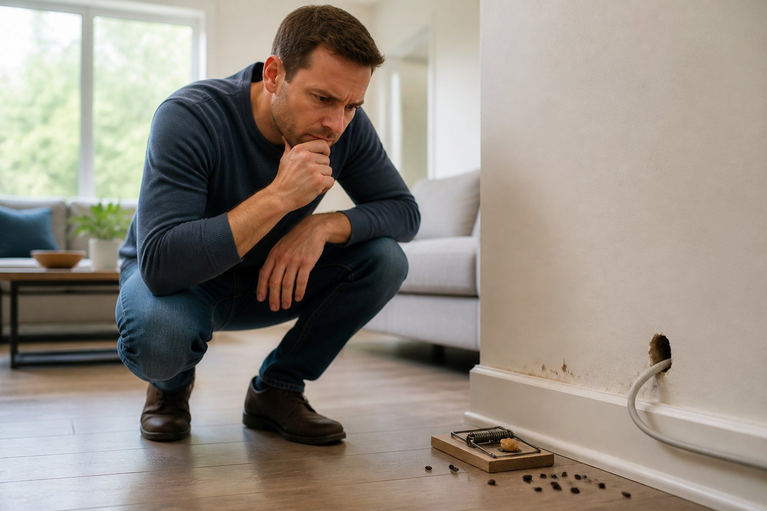 A person inspecting a rat trap in a clean living room with subtle signs of a rat problem visible.