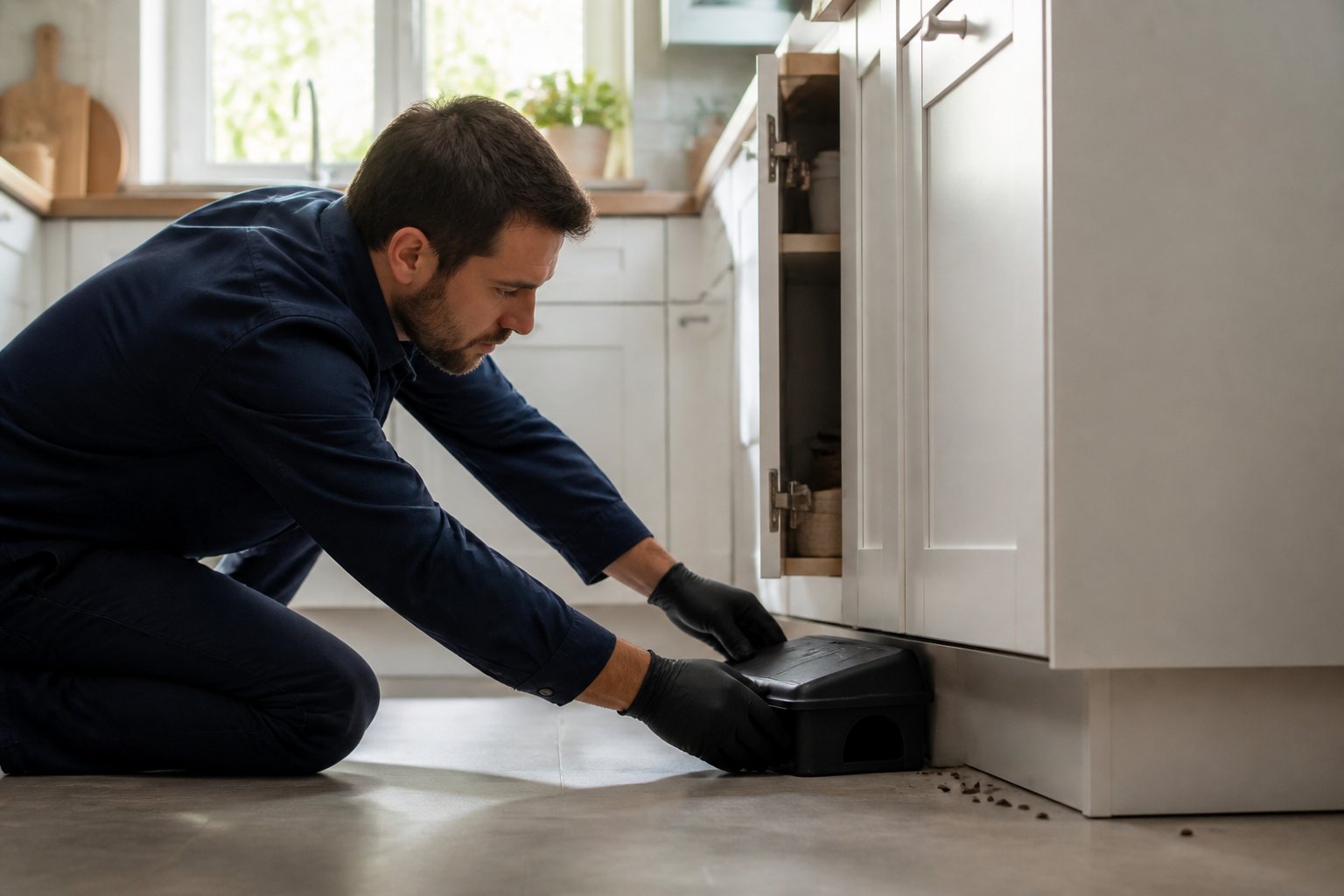 A person placing a humane rat trap on the floor in a clean kitchen showing signs of a rat problem.