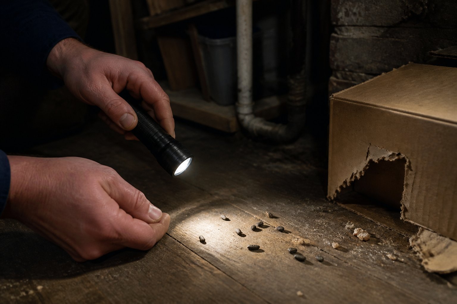 A person inspecting a basement corner with a flashlight, looking at rat droppings near a gnawed cardboard box.