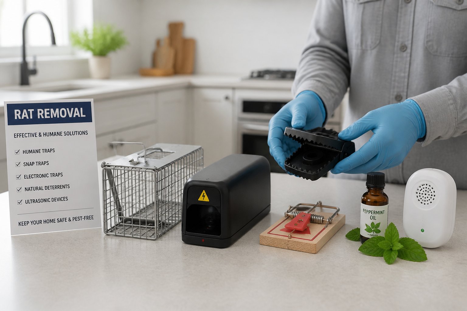 A modern kitchen countertop displaying various rat removal tools with gloved hands handling a trap, emphasizing pest control methods.
