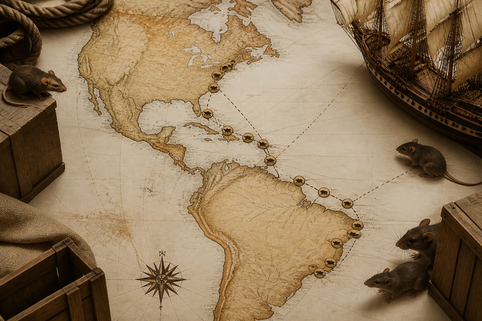A detailed map of the Americas showing key locations and dates marking when rats arrived, with small illustrations of old ships and rats near coastal ports.