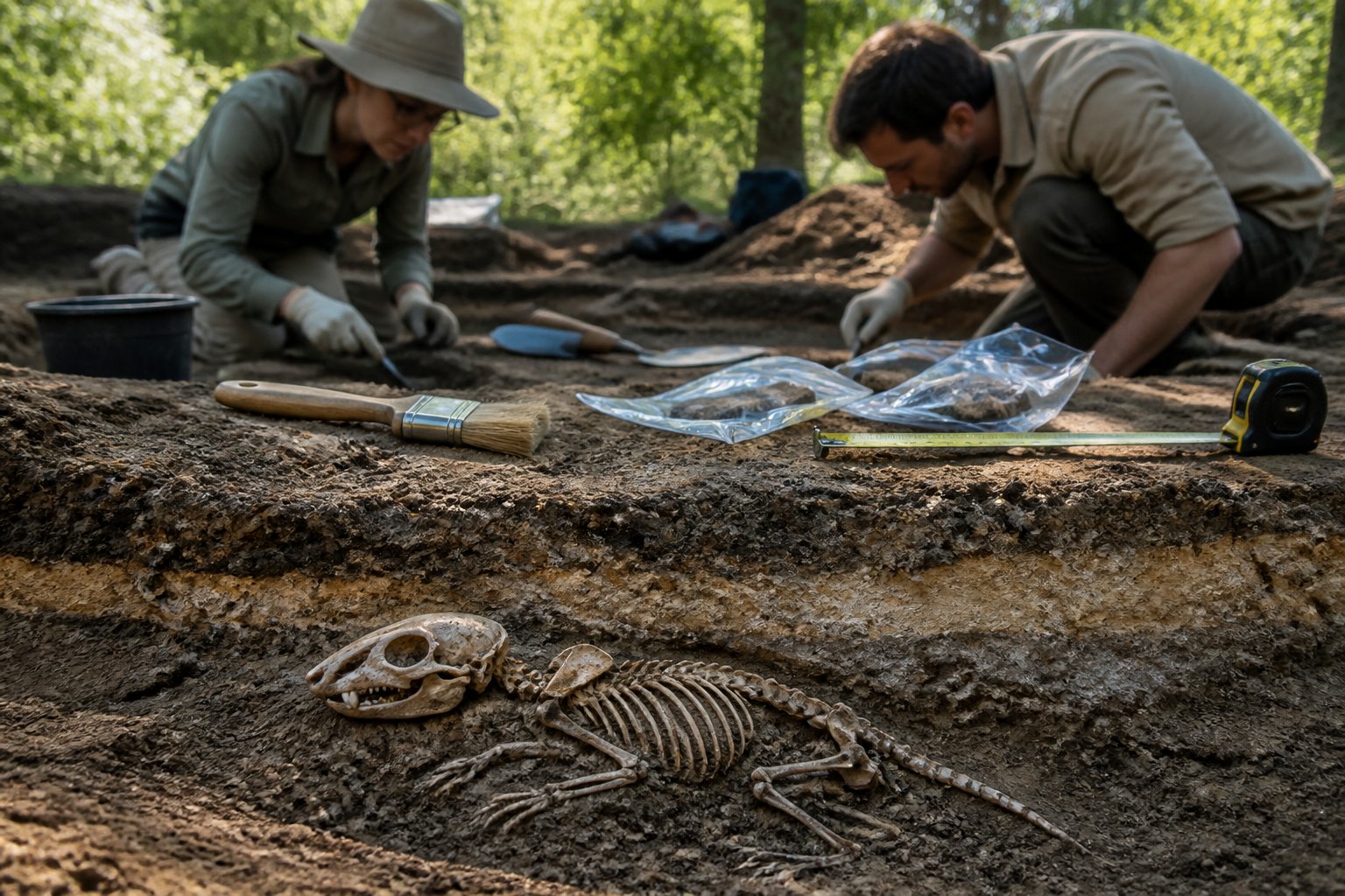 Archaeologists excavating a site with rat bones partially uncovered in the soil, surrounded by excavation tools and natural outdoor scenery.