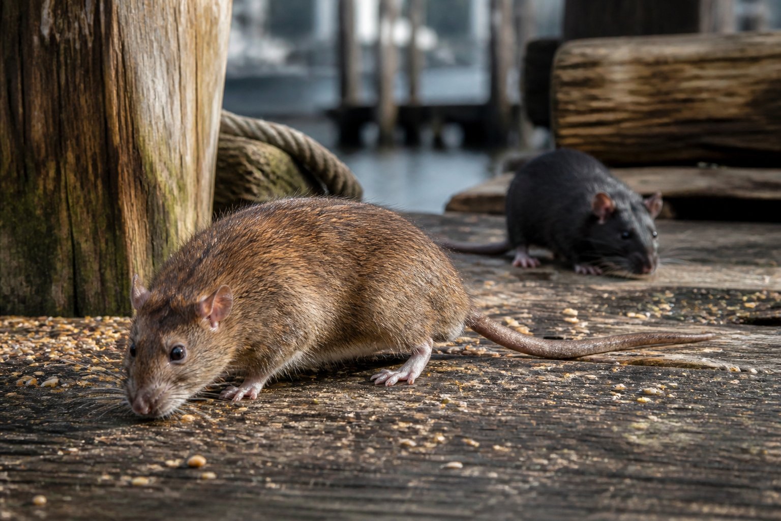 Two rats near a wooden dock by the water, one brown rat in front and one black rat behind it.