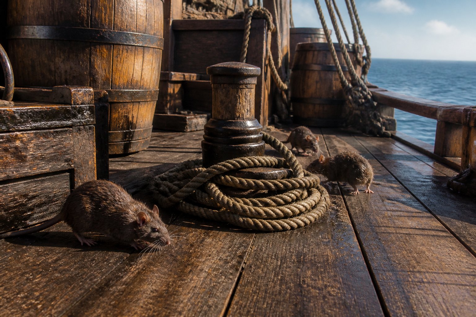Close-up of a vintage wooden ship's deck with barrels and ropes, showing several brown rats exploring the area, with the ocean visible in the background.