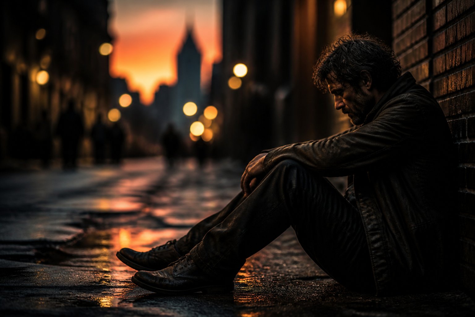 A solitary man sitting against a brick wall in a dimly lit urban alleyway, looking tired and reflective.
