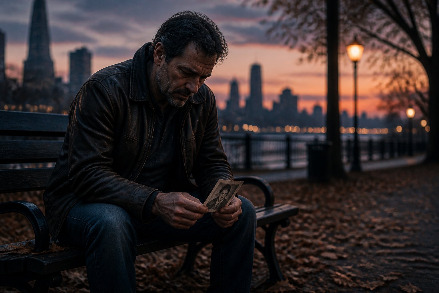 A man sitting alone on a park bench at dusk, looking sad and thoughtful while holding a photograph.