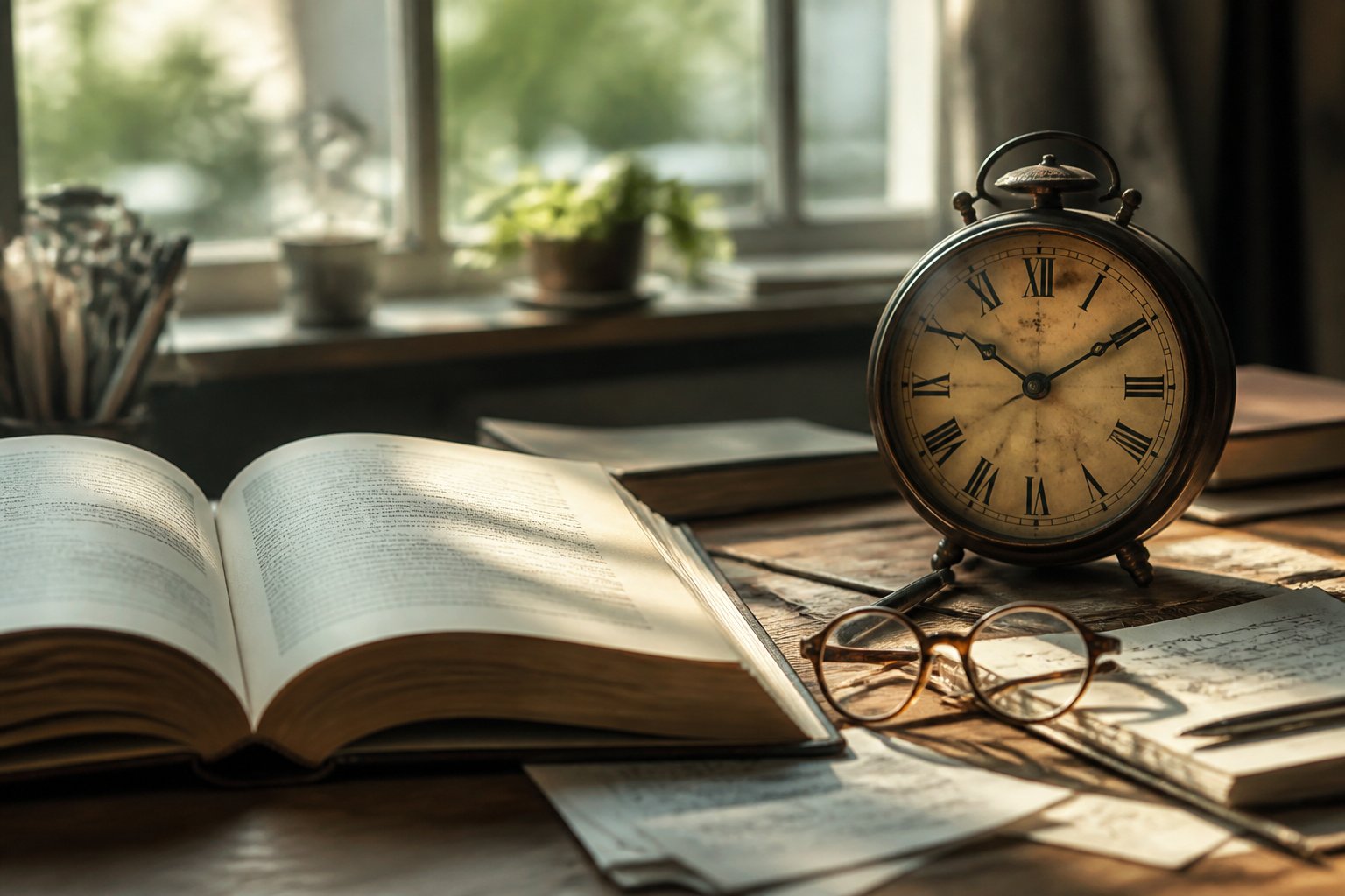 A study desk with an open book, a vintage clock, reading glasses, and soft natural light coming through a window.