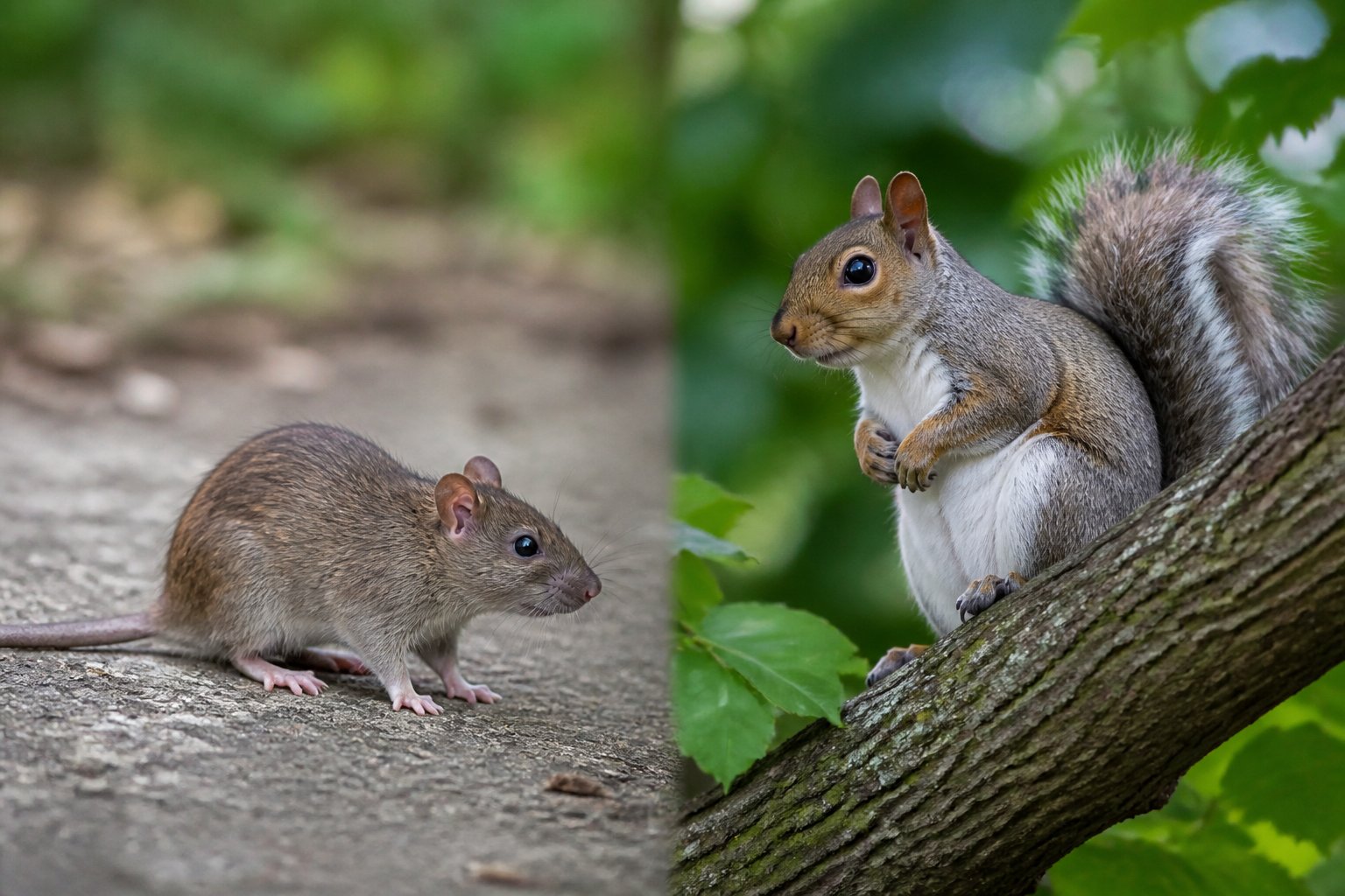 A rat and a squirrel side by side outdoors showing their different sizes and features.