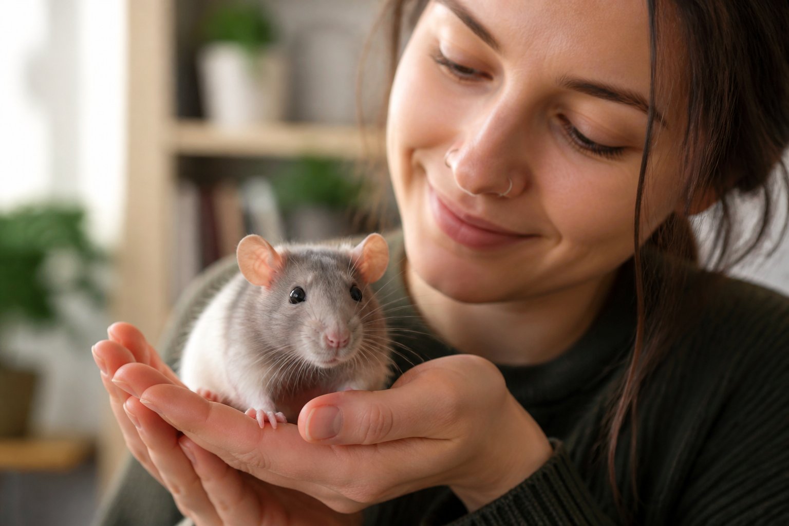 A person gently holding a small rat in their hands inside a cozy indoor setting.