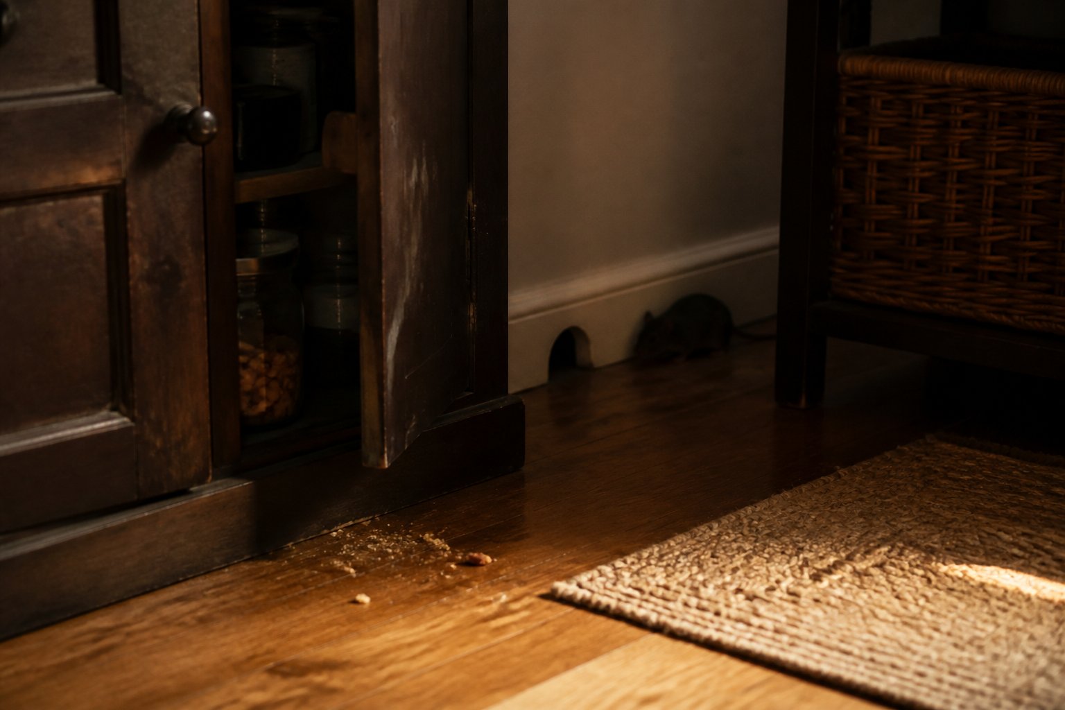 Interior corner of a home showing an open cupboard door and a small rat near the baseboard on the floor.
