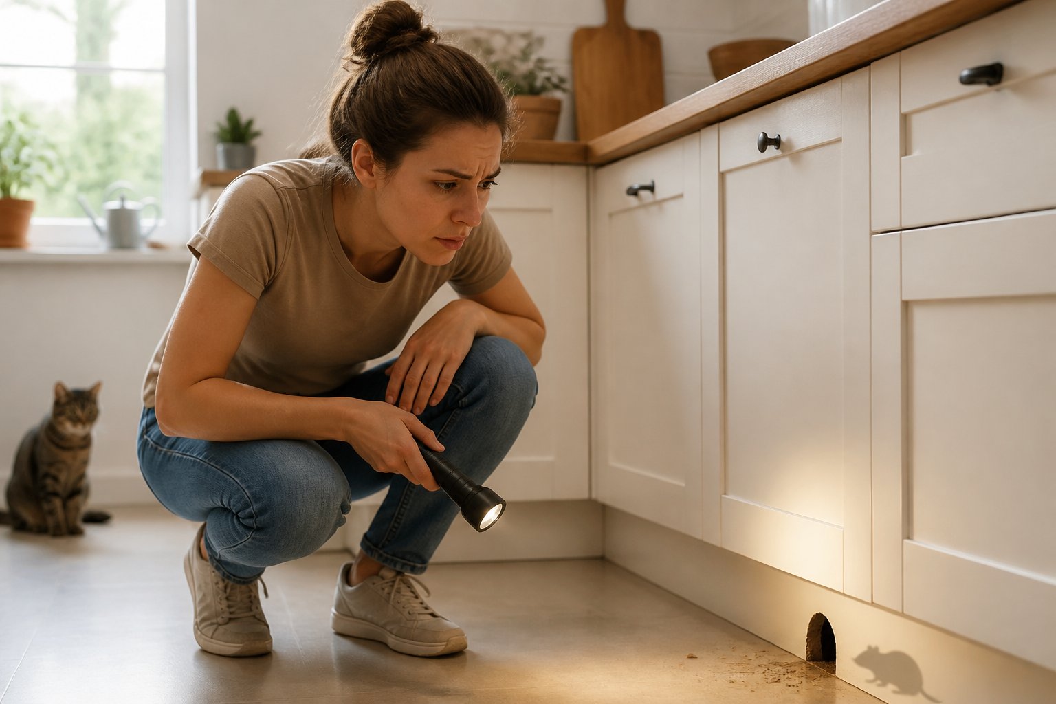 A person inspecting a kitchen corner with a small hole near the baseboard and a shadow of a rat on the floor.