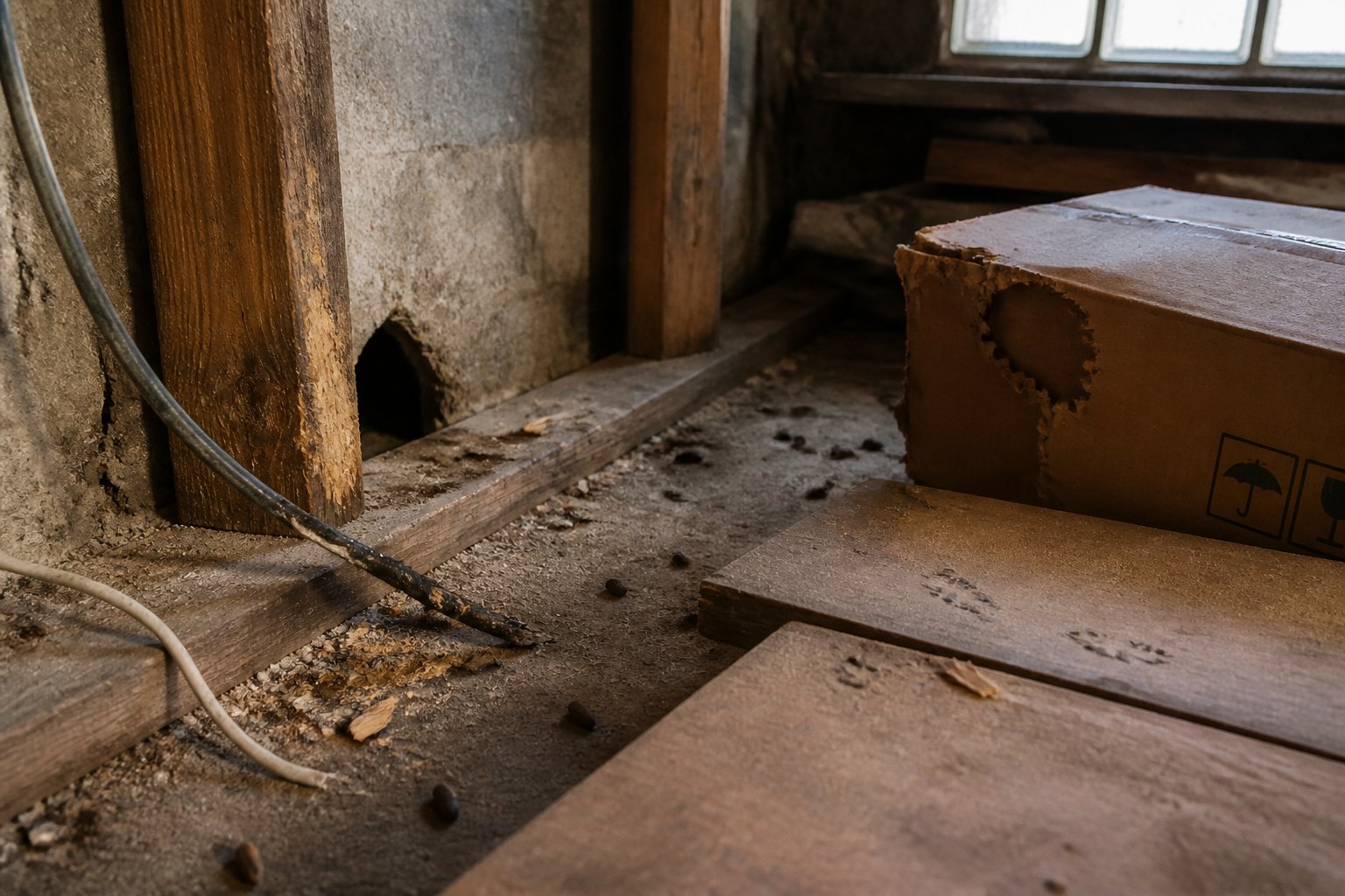 A dimly lit basement corner showing signs of rat activity, including droppings, chewed boxes, gnawed wires, and a small hole in the wall.