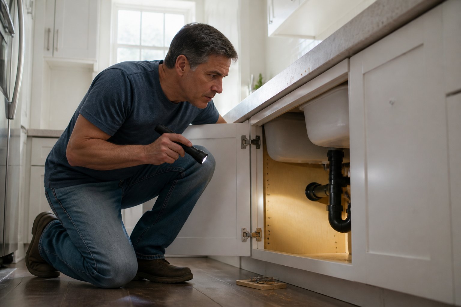 A person inspecting a kitchen cabinet with a flashlight, looking for signs of rats.