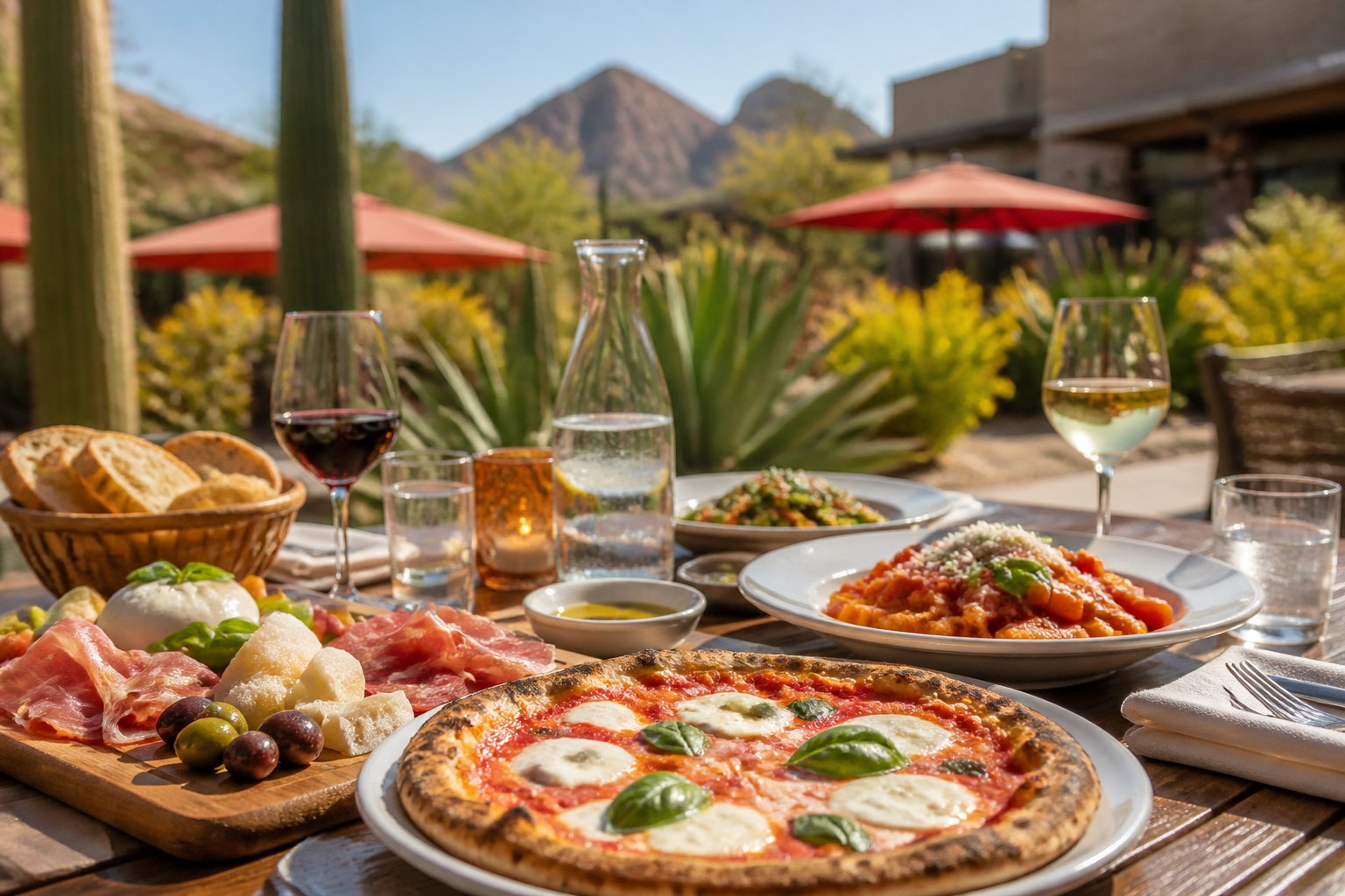An outdoor dining table with Italian dishes, wine glasses, and desert plants in the background.