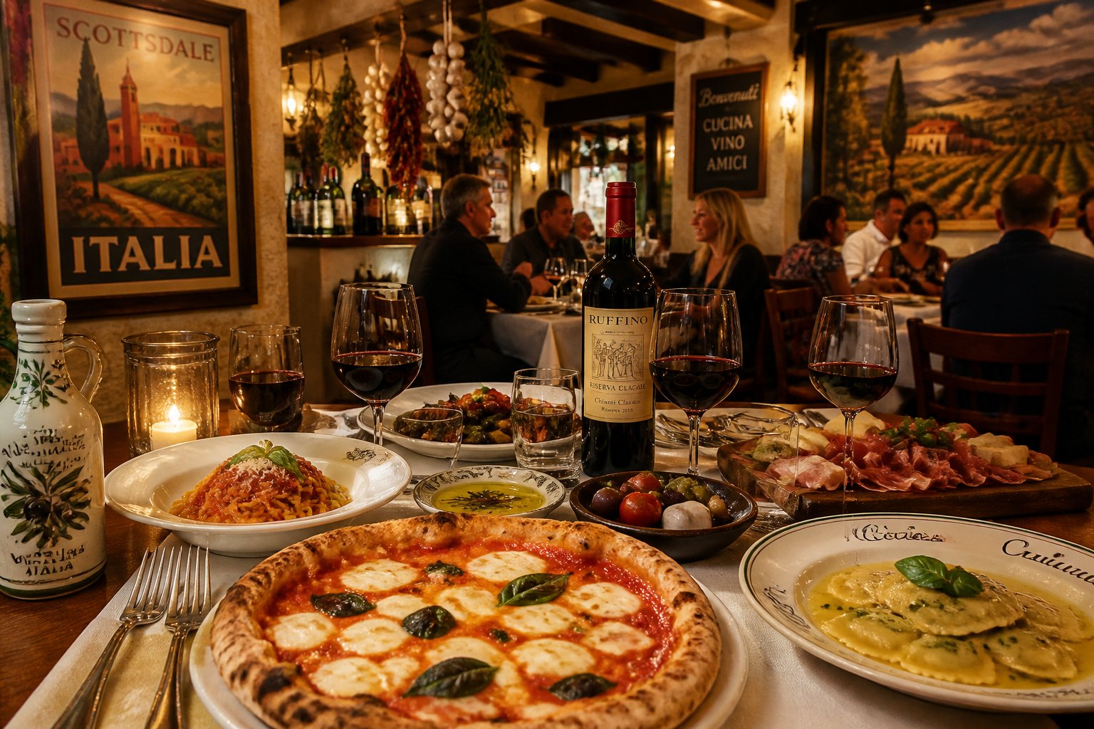 A cozy Italian restaurant interior with tables set for dining, featuring plates of pizza, pasta, and wine, with people enjoying their meals.