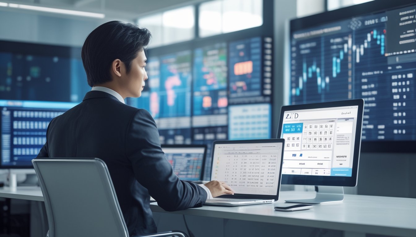 Seorang profesional duduk di meja kerja dengan laptop dan ponsel, menunjukkan suasana kantor modern yang fokus pada layanan agen togel terpercaya dengan transaksi cepat.