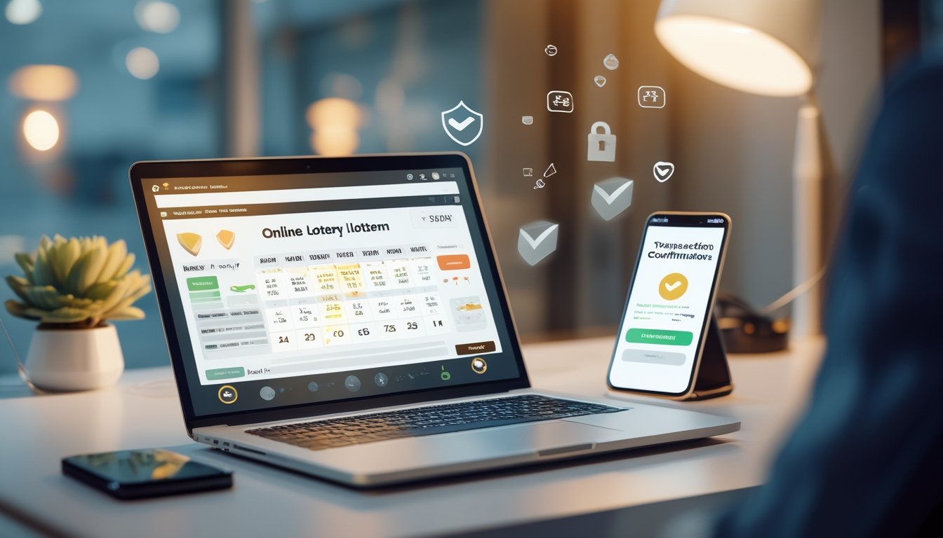 Seorang profesional menggunakan laptop dan ponsel untuk mengakses platform togel online dengan elemen keamanan dan transaksi cepat di sekitar perangkat.