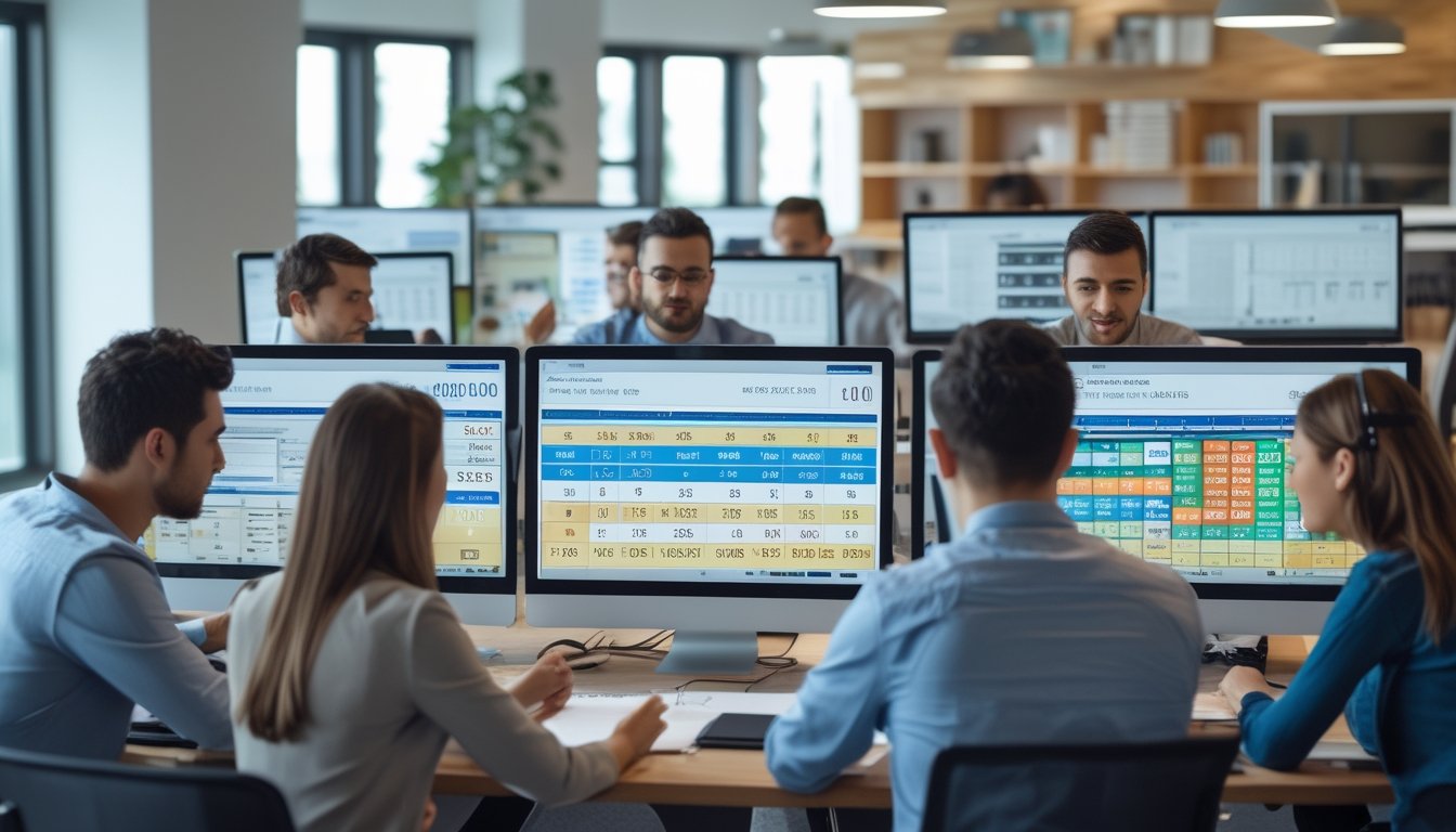 Sekelompok orang sedang bekerja bersama di kantor dengan komputer yang menampilkan data dan grafik terkait permainan togel 1D dan 2D.