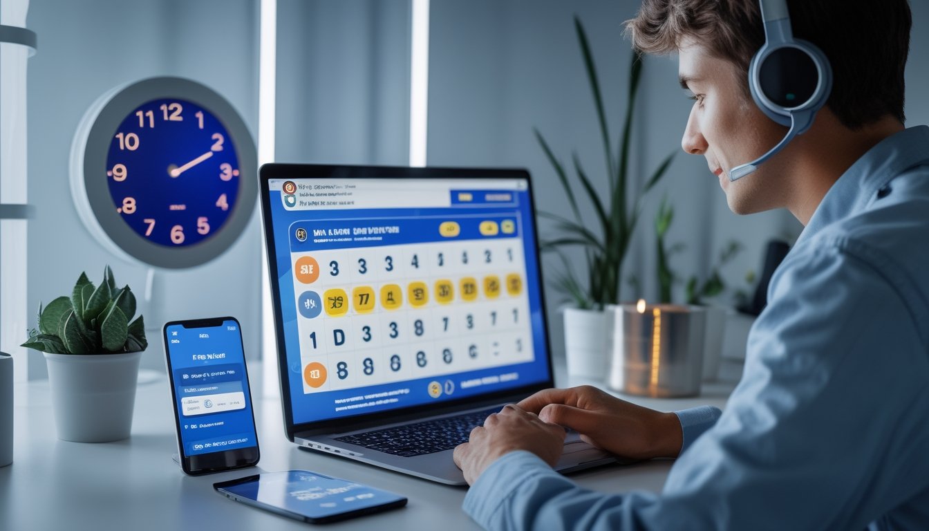 Seseorang menggunakan laptop dengan tampilan permainan togel online dan perangkat pendukung layanan 24 jam di sekitar meja kerja.