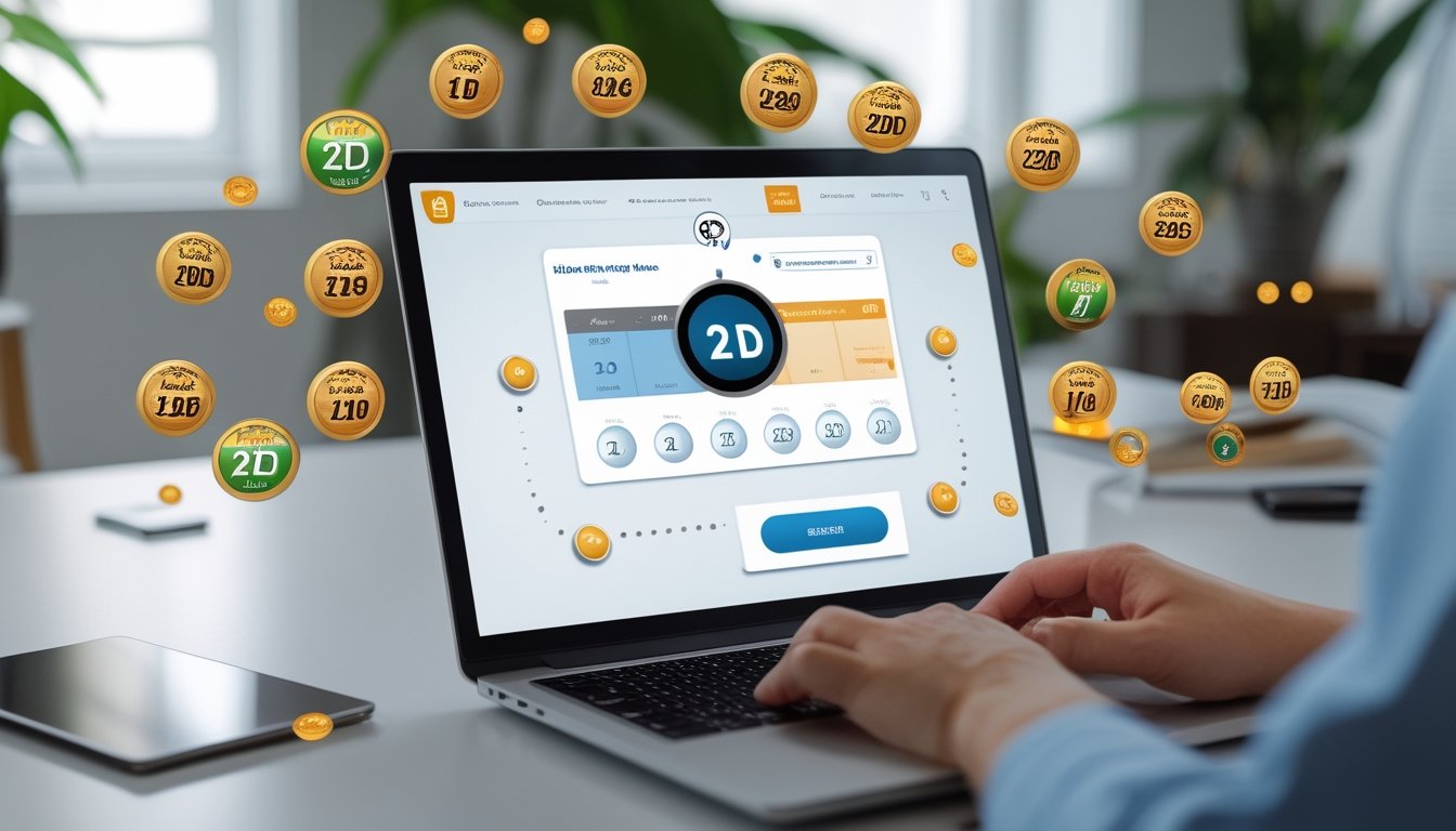 Seorang pria menggunakan laptop di ruang kerja rumah yang terang, menampilkan antarmuka agen togel online dengan ikon jam layanan 24 jam dan angka togel di layar.