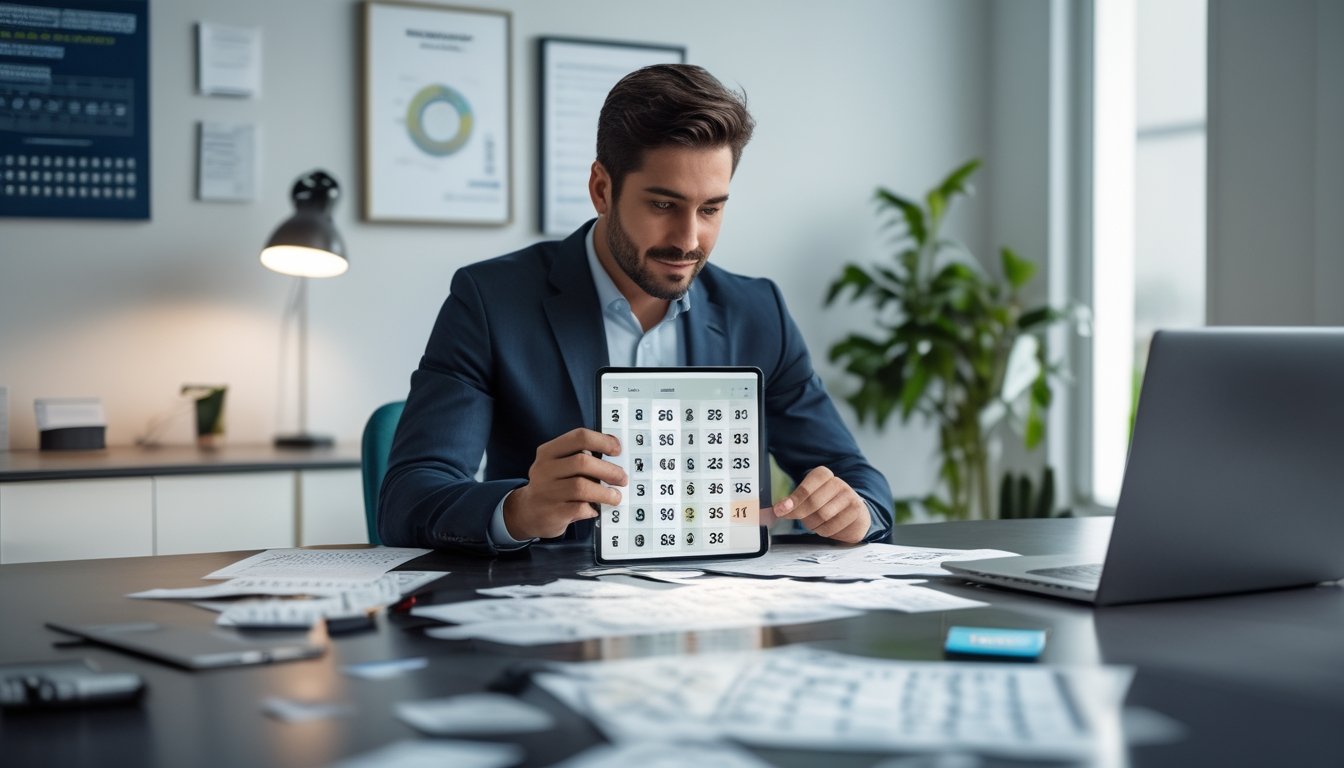 Seorang pria duduk di meja kantor modern sambil menganalisis angka togel pada tablet digital dengan beberapa kertas dan grafik di sekitarnya.