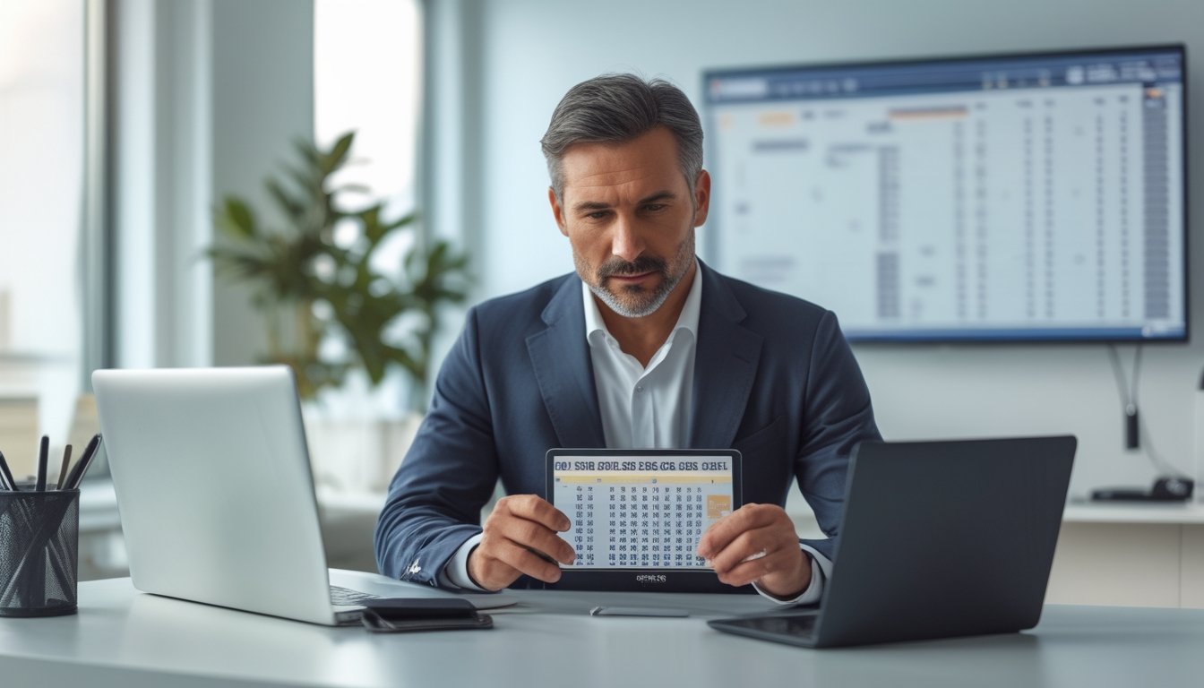 Seorang pria dewasa sedang fokus menganalisis angka togel menggunakan tablet dan laptop di ruang kantor modern.