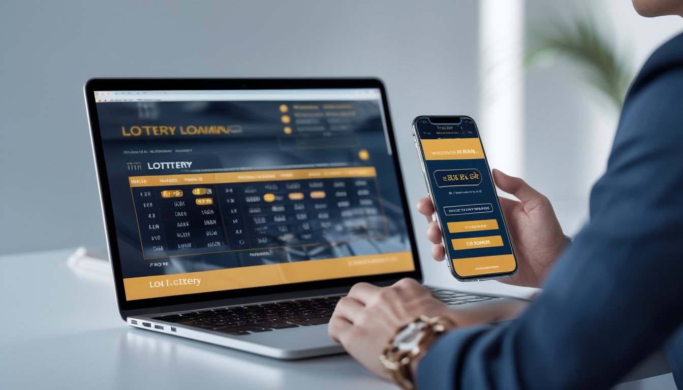 Seseorang menggunakan laptop dan ponsel di meja kerja modern dengan tampilan antarmuka permainan togel dan transaksi deposit cepat.