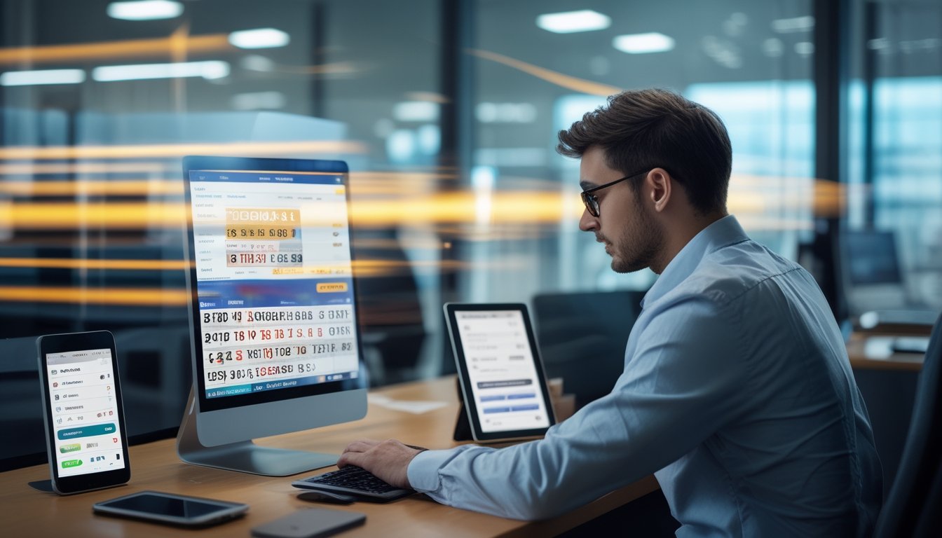 Seorang agen togel sedang bekerja di kantor dengan komputer dan perangkat digital yang menampilkan angka togel dan metode pembayaran.