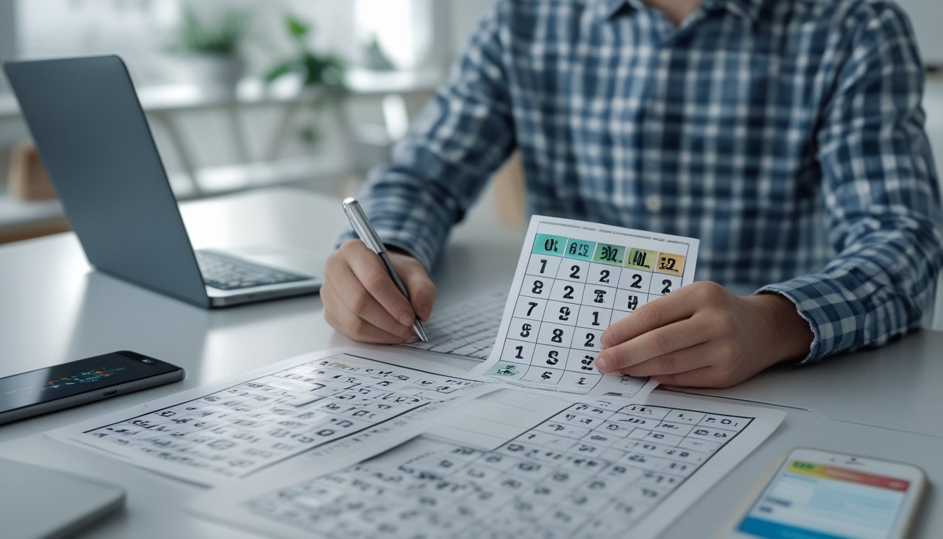 Seseorang sedang menganalisis tiket dan data permainan togel dengan angka satu digit dan dua digit di meja kerja.