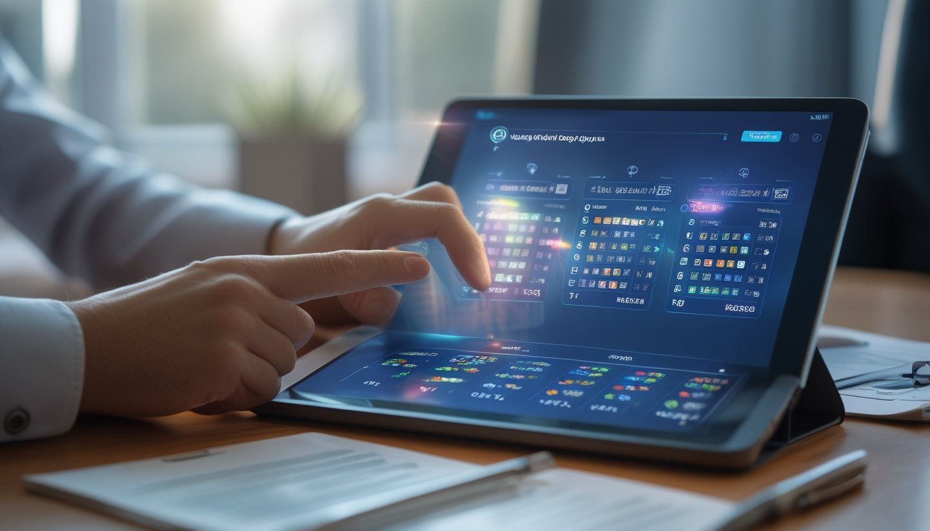 Tangan seseorang menggunakan tablet dengan tampilan angka permainan togel dan dokumen di meja di latar belakang.