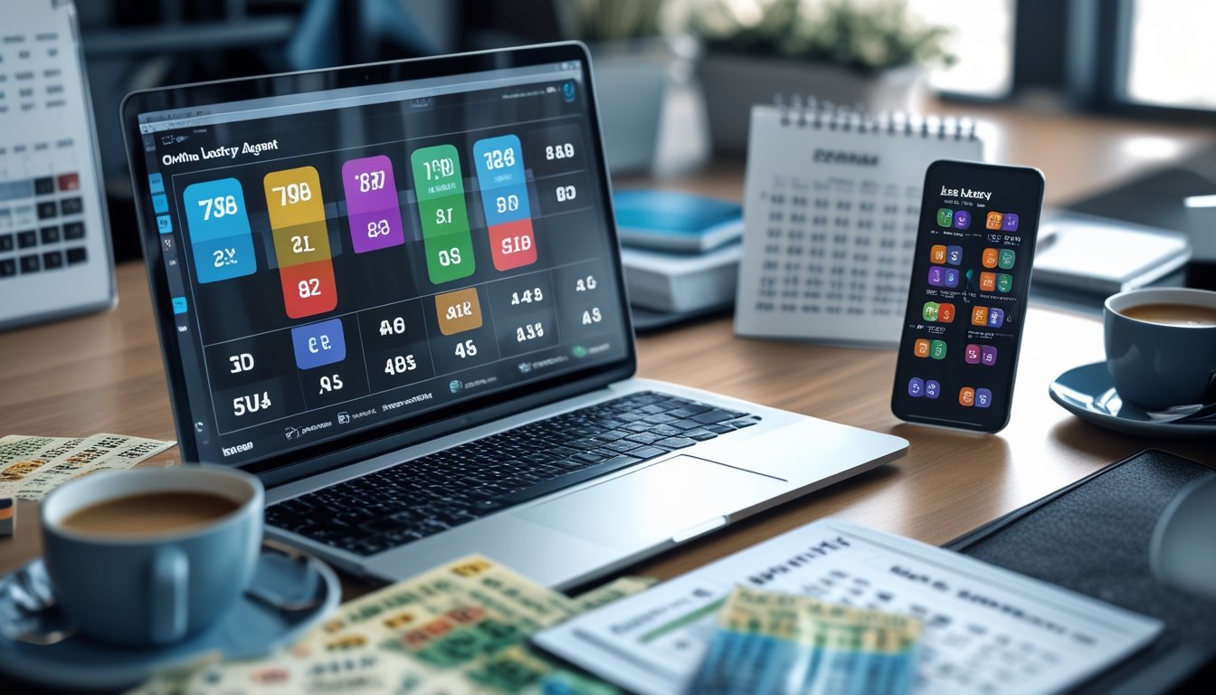 Seseorang bekerja dengan laptop dan smartphone di meja kerja yang rapi, menampilkan antarmuka lotere online dengan tiket lotere di sekitar.