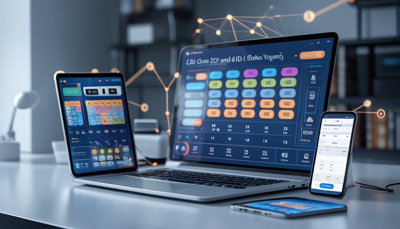 Meja kerja dengan laptop, ponsel, dan tablet yang menampilkan angka dan grafik togel online, menunjukkan aktivitas agen togel 2D dan 1D secara digital.