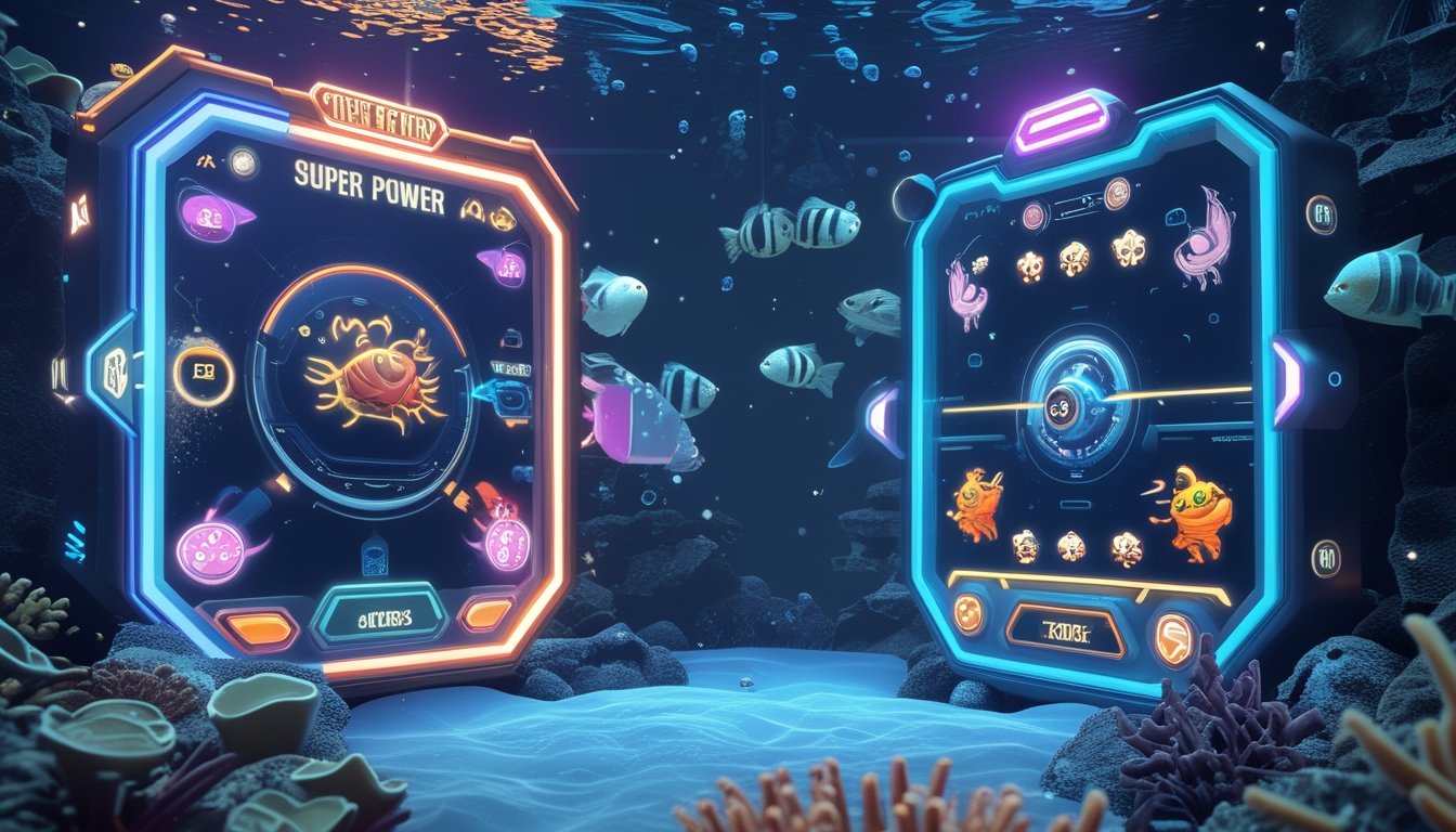 Adegan bawah laut dengan dua layar permainan tembak ikan berdampingan, satu dengan desain futuristik dan satu lagi dengan desain klasik, menampilkan berbagai ikan dan efek tembakan.