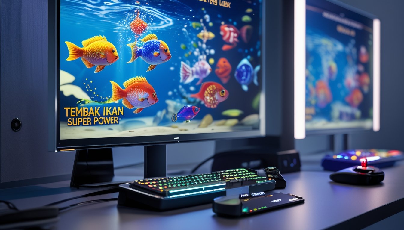 Sebuah layar komputer menampilkan permainan ikan berwarna-warni dengan perangkat game di sekitarnya dalam ruangan permainan yang rapi.