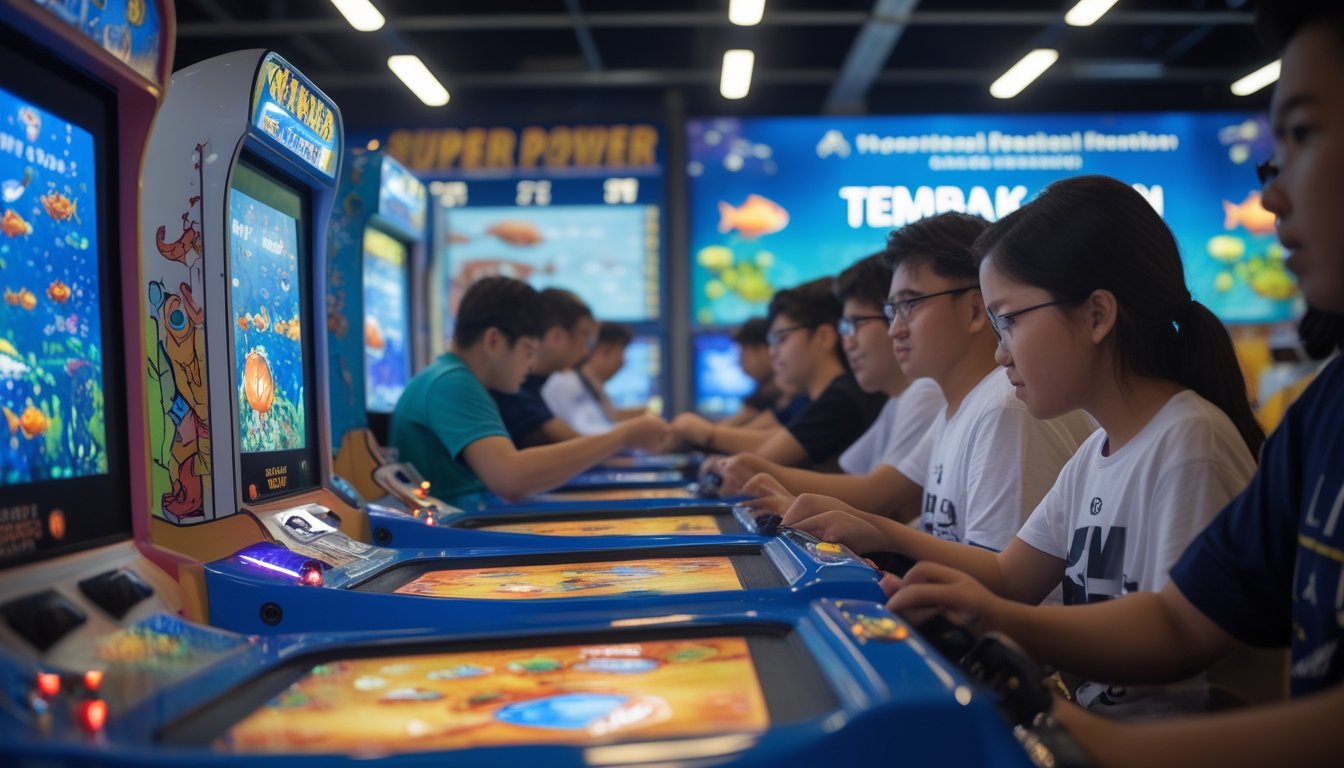 Orang-orang sedang bermain permainan tembak ikan di sebuah arena permainan dengan mesin-mesin bertema bawah laut yang berwarna-warni.