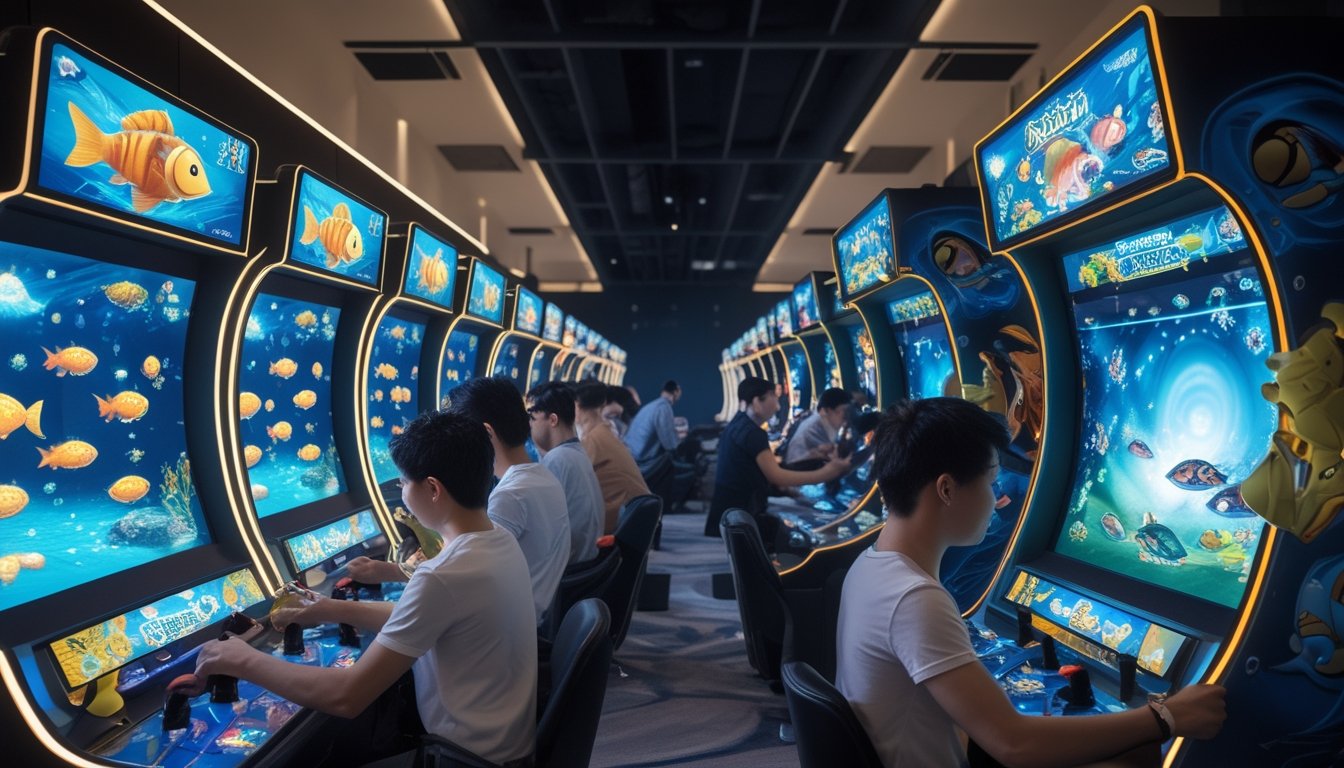 Dua mesin permainan tembak ikan berdampingan dengan pemain yang fokus bermain di ruang game modern.