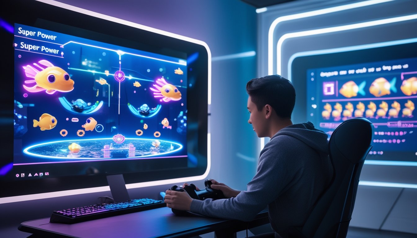 Seorang gamer muda sedang bermain dua jenis permainan tembak ikan di depan dua layar komputer dengan tampilan grafis berbeda, satu bergaya futuristik dan satu bergaya klasik.