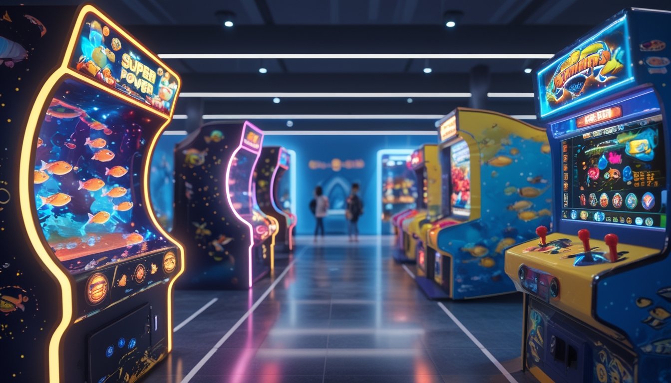 Dua mesin permainan tembak ikan berdampingan di sebuah arcade, satu dengan desain futuristik dan satu dengan desain klasik, dengan beberapa orang bermain di latar belakang.