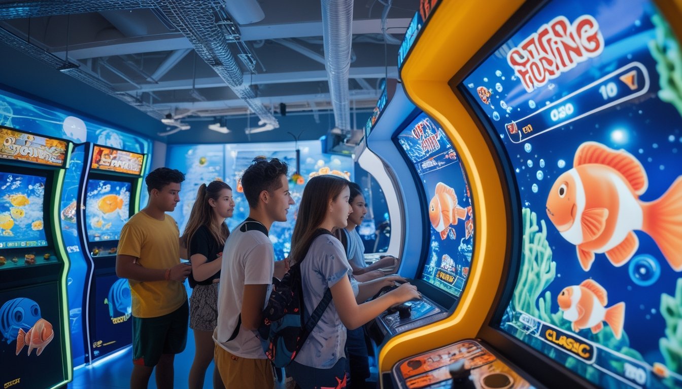 Beberapa orang muda sedang bermain mesin arcade permainan tembak ikan dengan latar belakang tema bawah laut.