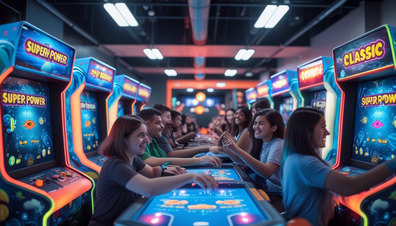 Suasana ruang arcade dengan beberapa mesin permainan tembak ikan yang menyala dan pemain yang sedang bermain dengan antusias.